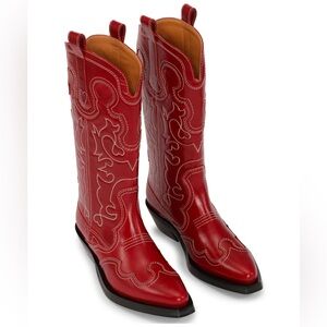 Ganni Cherry Red Embroidered Heeled Boots